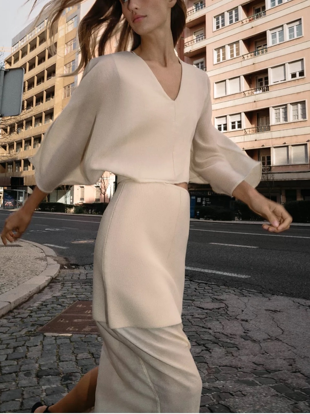 Zara NWT SET Cream V-Neck Balloon Sleeve Top & Skirt - Picture 2 of 16